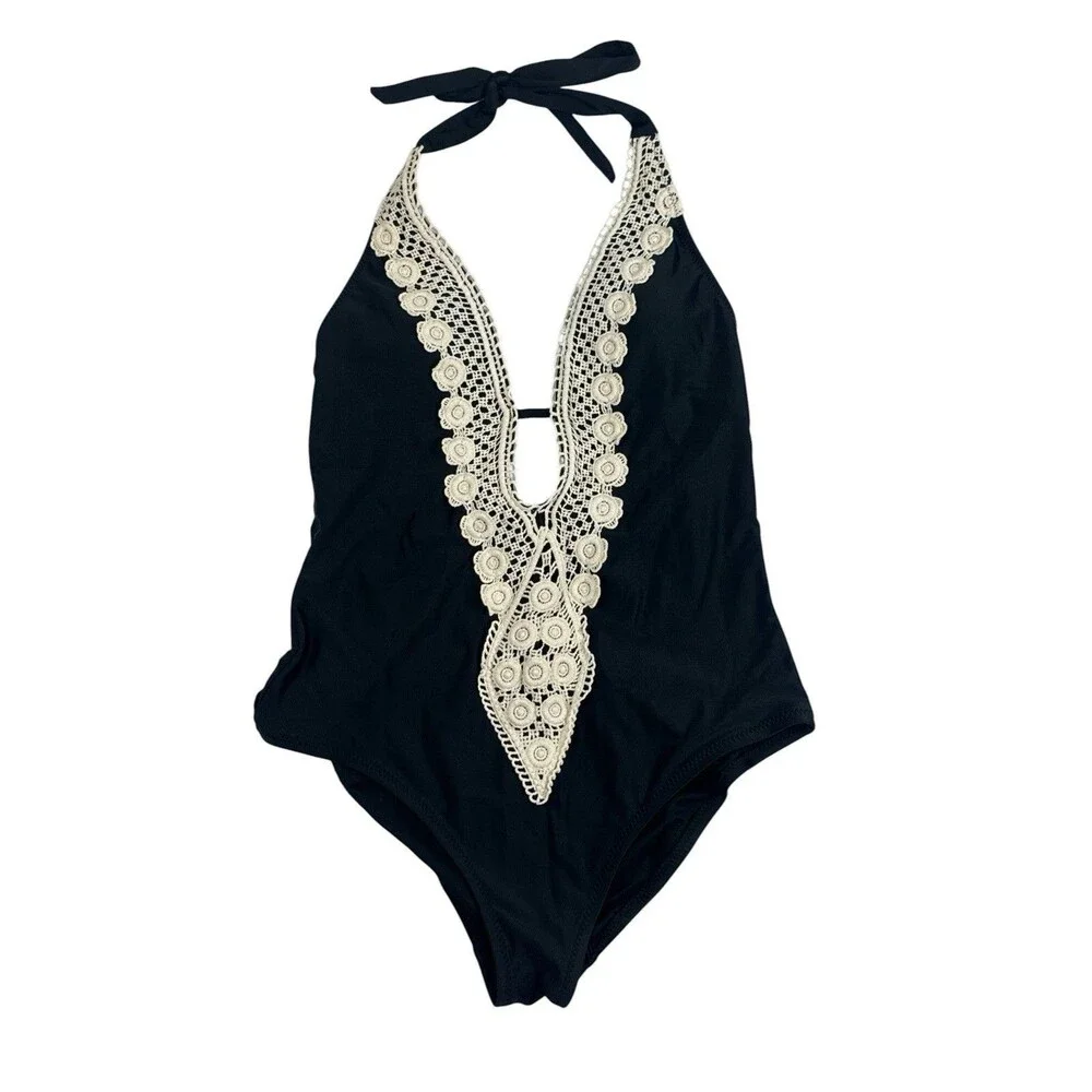 Kona Sol Black Crochet Lace One Piece Swimsuit Halter Plunge Cutout Medium